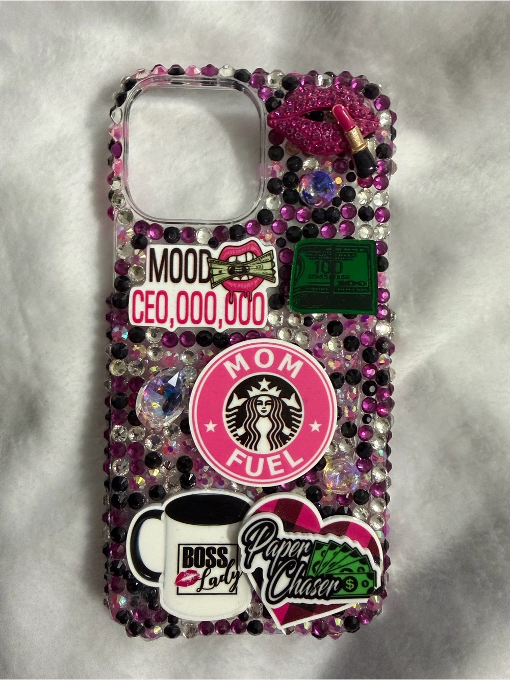 Handmade Rhinestone 'Mom Fuel' Decorative Junk iPhone 13 Pro Max Phone Case